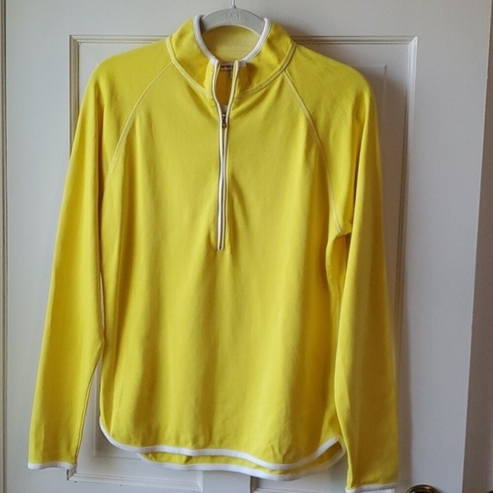 PETER MILLAR YELLOW WHITE QUARTER ZIP 100% COTTON TOP SIZE LARGE GOLF PREPPY